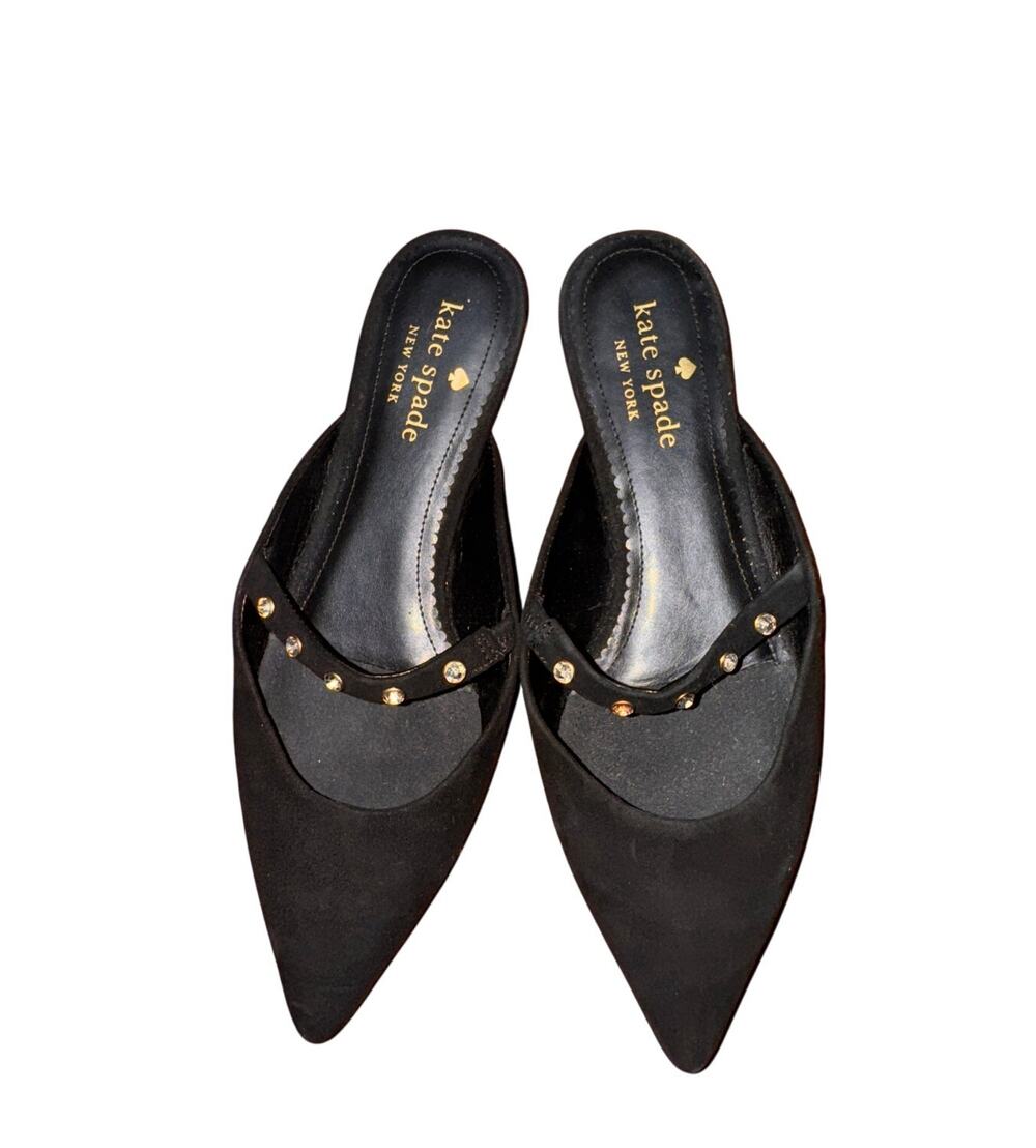 KATE SPADE Irina Flats 6 Black Suede Rhinestone Pointed Toe Mary Jane Mule KA152